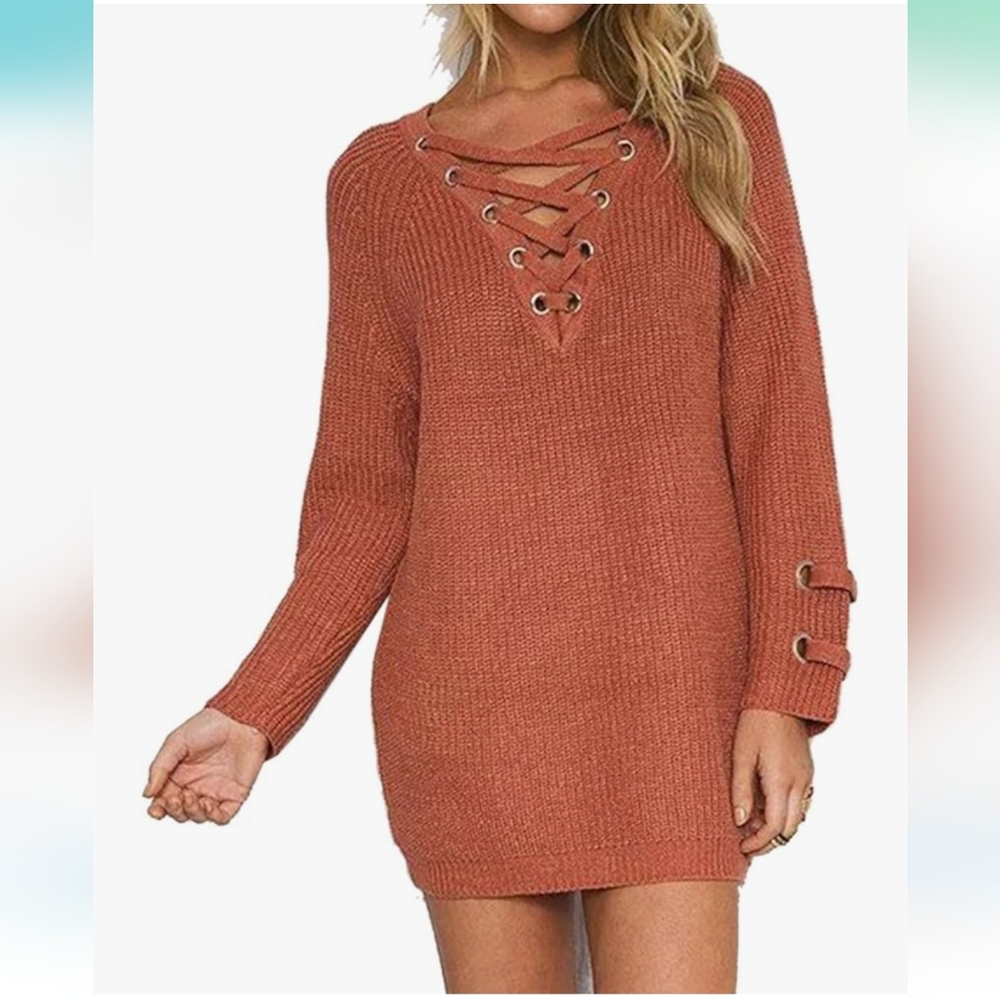 NWOT Rust Coral Wool Blend Lace-Up Sweater Dress Tunic Top M/L